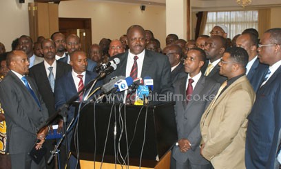 Governors Caucus chairman Isaac Ruto flanked by Senators and Governors. Photo/ MIKE KARIUKI