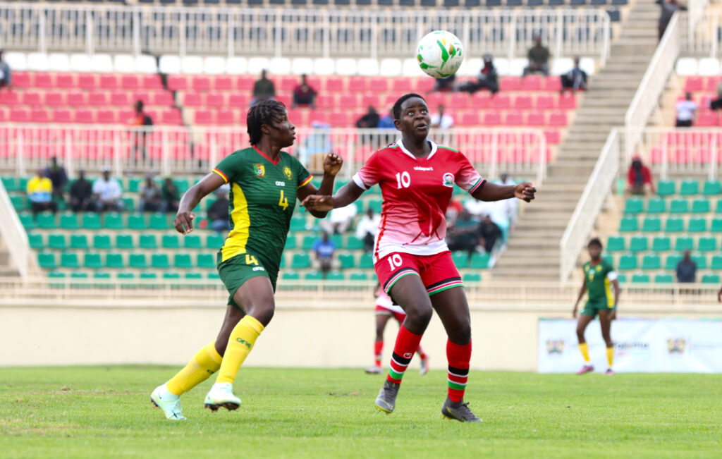 Jentrix Shikangwa calmly controls the ball under pressure from Cameroon's Mariane Ines Maague. PHOTO/Timothy Olobulu