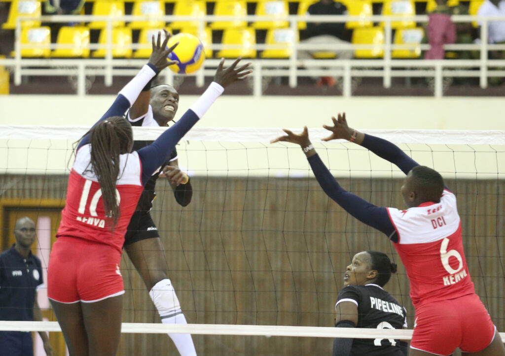 Kenya Pipeline's Pamela Adhiambo sends down a hit against DCI. PHOTO/Raymond Makhaya